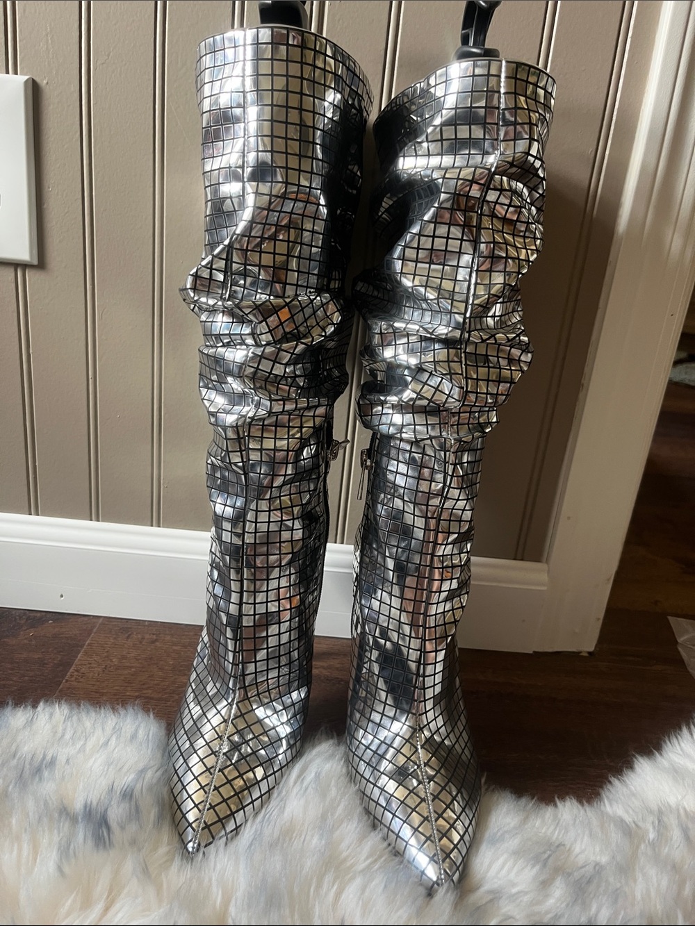 BRAND NEW Jessica Simpson Silver Mirrored Grid Knee-High Heeled Boots v